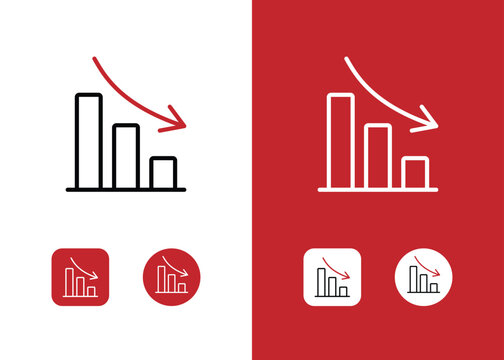 Negative earning profit, arrow point down downward trend bar graph chart infographic outline line icon symbol sign vector