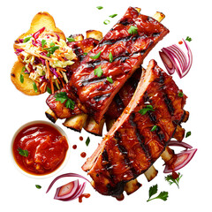 bbq ribs with onions and sauce on white, grilled meat ribs with garnish
