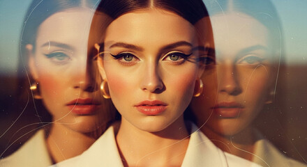 A vintage-style multiple exposure portrait of a woman with winged eyeliner and gold hoops, set in warm light with film texture