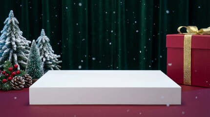 Minimalist white product podium stage against dark green background with falling snow, snowy Christmas trees, holly, and a red holiday gift box.