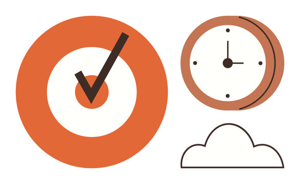 Orange target with checkmark, clock, and cloud emphasizing goal setting, success, focus, efficiency, productivity, teamwork and planning. Ideal for deadlines organization and a simple flat