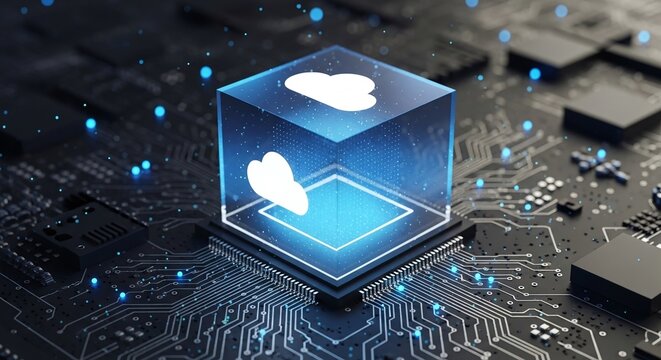 Glowing blue cube with cloud icons on a circuit board, symbolizing advanced cloud computing, data storage, and digital technology