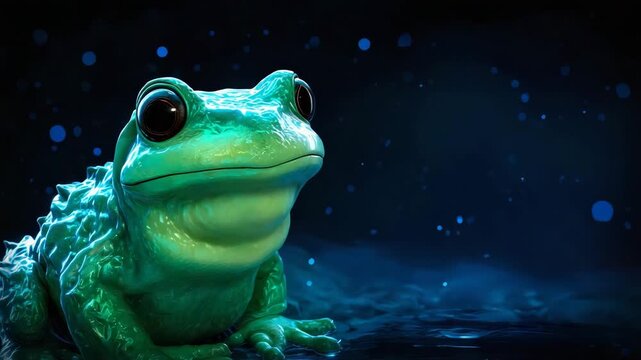 Green tree frog portrait a close-up amphibian with big eyes sitting in water with a dark bokeh background