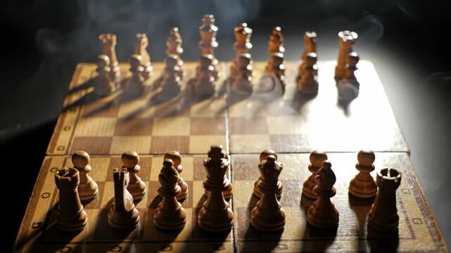 Wooden chess board with chess pieces surrounded by smoke, strategic game.