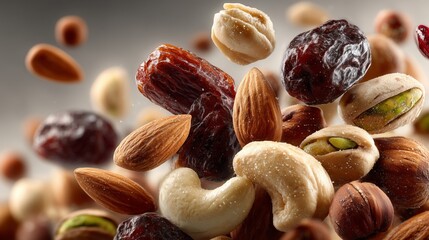 Close-Up Assortment of Mixed Nuts and Dried Fruits Floating in Mid-Air