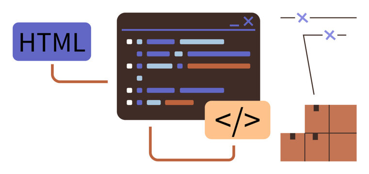 Coding interface with HTML block, stacked boxes, and connectors. Ideal for programming, web design, coding process, data structure, workflow, development concept simple flat metaphor