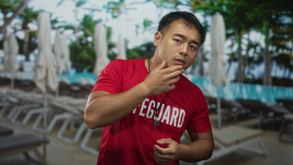 Lifeguard man in red shirt touches chin at sunlit outdoor pool resort beside lounge chairs; concern.