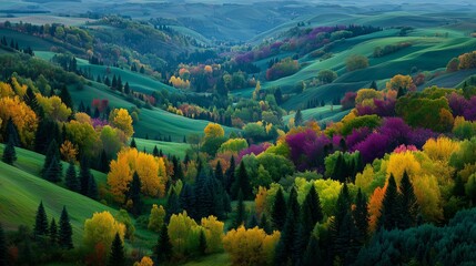 Vibrant Autumn Rolling Hills Landscape. Scenic Valley with Green, Yellow, and Purple Foliage.