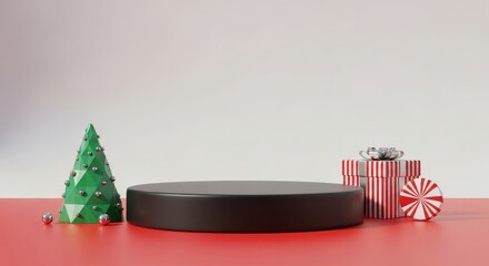 Minimalist 3D Christmas Product Podium Display. Geometric tree, striped gift box, and candy accent on red background for festive winter holiday showcase.
