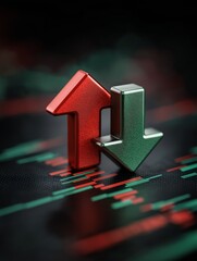 Financial Volatility Concept, 3D Red Up and Green Down Arrows on Stock Market Chart Background.
