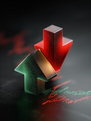 Financial Market Volatility Concept, 3D Green Up and Red Down Arrows on Trading Chart.