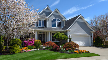 Gray suburban house with white garage door and blooming trees image