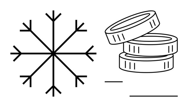 Black snowflake beside stacked coins highlighting seasonal finance, economic planning, budgeting, business cycles, savings, wealth, and simple flat metaphor