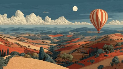 Minimalist Vector Illustration of a Hot Air Balloon Flying in the Sky. Travel and Freedom Concept.