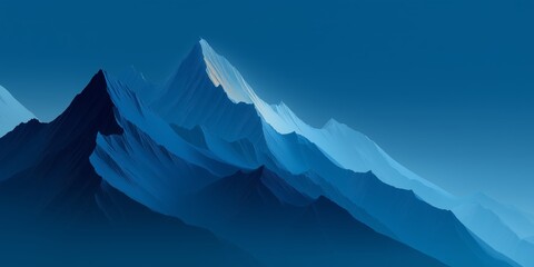 Blue Mountain Peaks with Sun or Moon Silhouette. Abstract Gradient Background.