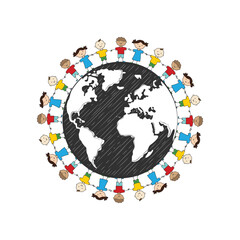 Children of diverse ethnicities holding hands around a chalk-style globe kids