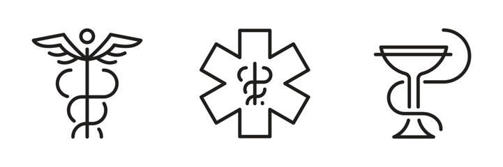 Caduceus medical line icon set. Snake bowl symbol. Black outline sign. Medicine, hospital, health, healthcare concept. Vector illustration. Editable stroke.Isolated on a white background. Flat design.