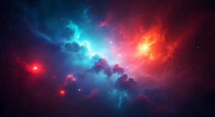 Fototapeta premium Vibrant cosmic nebula with glowing blue and red gas clouds illuminating distant stars in deep space