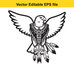 Tribal eagle with wings spread, detailed black and white vector illustration featuring native american inspired adornment, isolated on