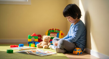 Child sitting alone in corner, introspective mood and playtime reflection in playroom with toys