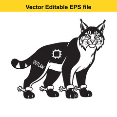 Black and white vector illustration of a wild lynx or bobcat character wearing shackles with spurs and the word outlaw on its tail, isolated on