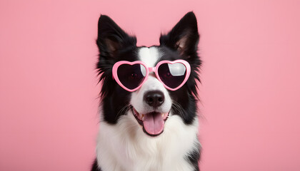 Fototapeta premium adorable pet with heart sunglasses and tongue out for valentinesday greeting background