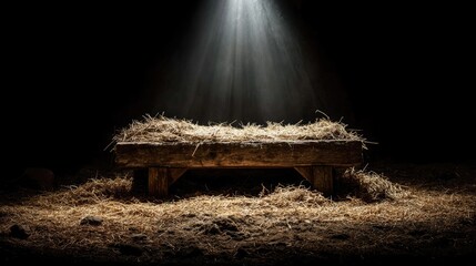 Empty Wooden Manger Illuminated by Dramatic Light in Dark Stable
