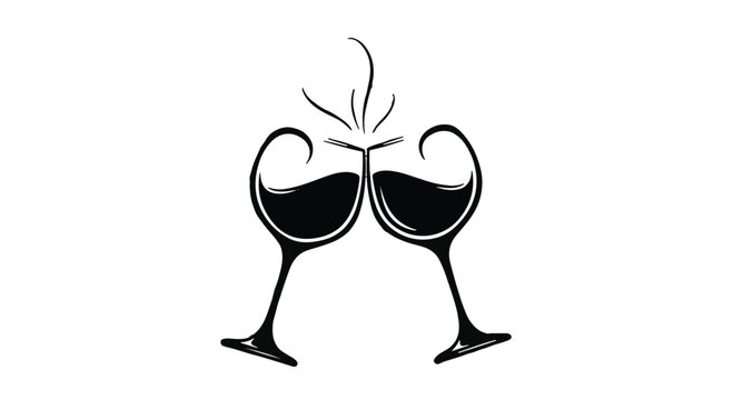 Two elegant wine glasses clinking together in a celebratory toast, with wisps of steam rising.