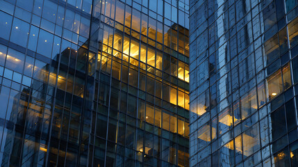 Illuminated glass skyscraper facade reflecting city lights architecture urban