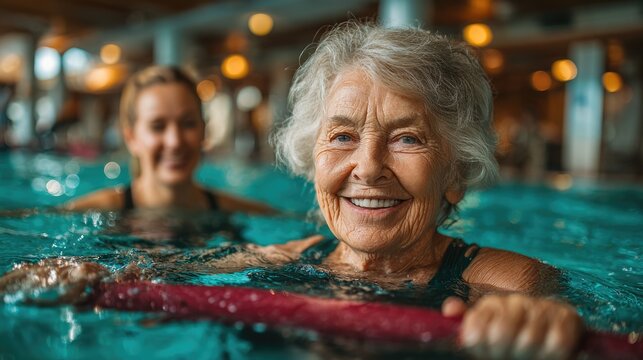 Happy Elderly Woman Exercising in Pool during Aqua Fitness Session