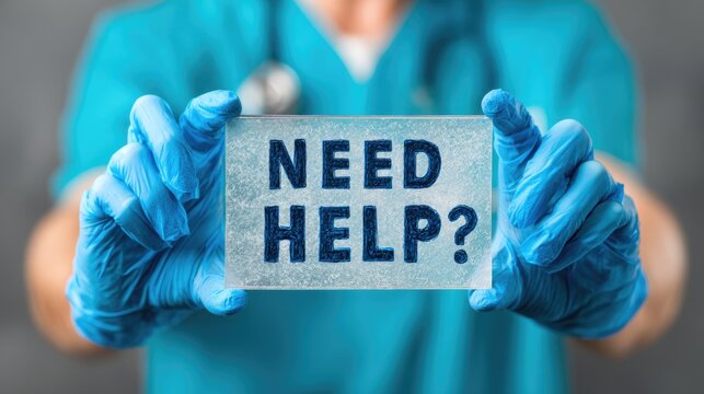 Healthcare Support Request Sign Held by Medical Professional in Gloves