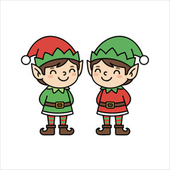 Two cute christmas elves in red and green outfits santa helpers holiday character mascot icon for festive seasonal greeting or children celebration design