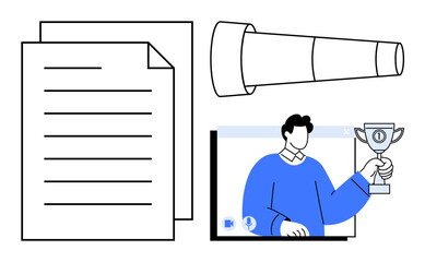 Document, telescope, and person in digital interface holding trophy representing achievement and vision. Ideal for leadership, goal setting, vision, recognition, career growth, motivation success