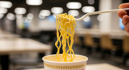Plastic fork and cup noodles lifted in modern cafeteria, quick meal and convenience food