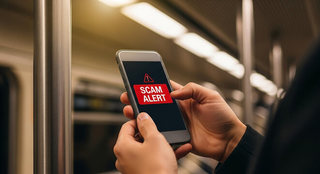 Hands holding phone with scam alert in subway, cybersecurity awareness and mobile safety - Powered by Adobe