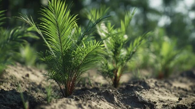 Rows of vibrant young palm tree saplings grow strong in the rich, earthy soil, symbolizing new life, sustainable cultivation, and the promising beginnings of future harvests