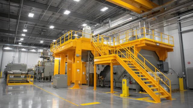 Industrial Manufacturing Facility With Yellow Metal Structure And Stairs In A Large Warehouse Space With Concrete Floor And Overhead Cranes