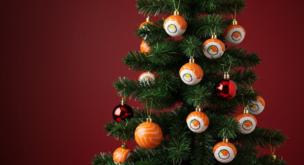 Christmas tree decorated with sushi roll ornaments, festive holiday novelty and creative decoration