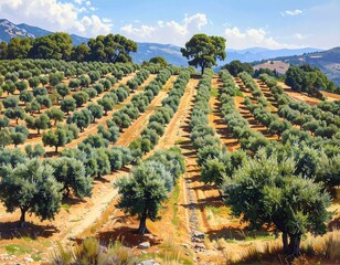 Obraz premium Picturesque olive grove landscape with rows of trees in a rural countryside