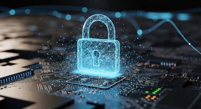 Digital security concept glowing blue padlock on circuit board, symbolizing data protection and network safety in modern tech landscape