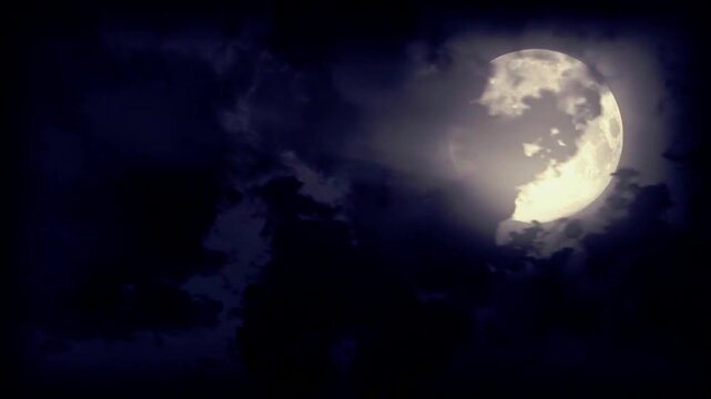 Mysterious Full Moon Shining Through Dark Moving Clouds Night Sky, full moon over the clouds