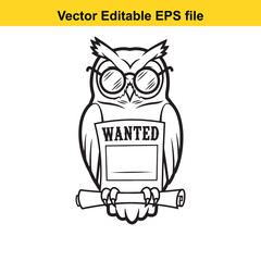Black and white outline vector illustration of a wise owl wearing round eyeglasses holding a wanted poster and scroll, isolated on