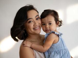 Young asian woman holding her toddler, smiling