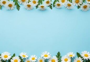 Baby blue background with daisy flowers forming a frame on the sides copy space