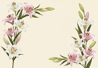 Light beige background with lily flowers forming a frame on the sides copy space