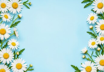 Baby blue background with daisy flowers forming a frame on the sides copy space