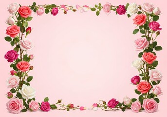 Light pink background with rose flowers forming a frame on the sides copy space