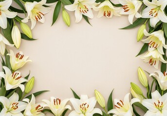 Light beige background with lily flowers forming a frame on the sides copy space