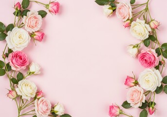 Light pink background with rose flowers forming a frame on the sides copy space
