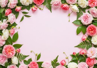 Light pink background with rose flowers forming a frame on the sides copy space
